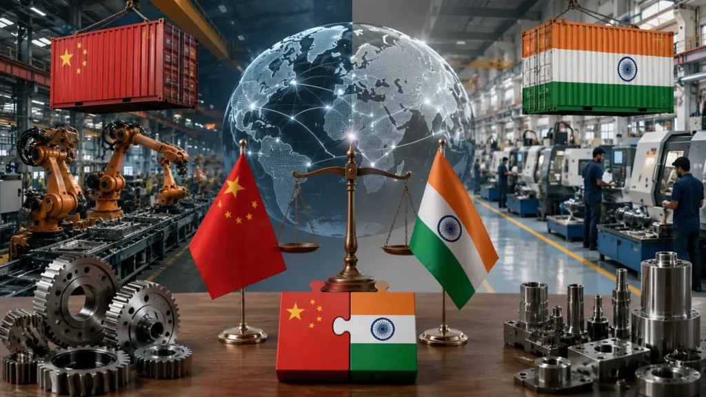 Photorealistic comparison of China and India manufacturing ecosystems featuring advanced factories, CNC machining, industrial robots, shipping containers, global supply chain connections, and balanced sourcing strategy, illustrating why buyers are comparing China and India in 2026 and adopting a China Plus One manufacturing approach for resilient global sourcing.