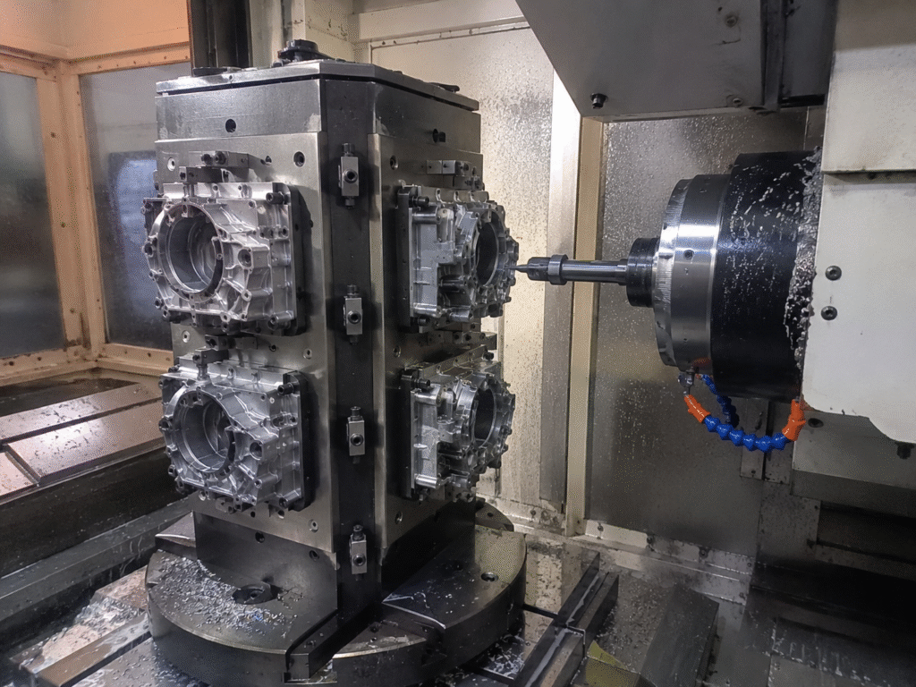 4th-axis tombstone fixture holding machined components inside a horizontal machining center