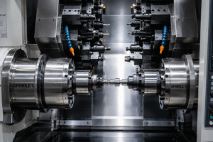 High-precision twin spindle CNC turning center machining a metal component with dual spindles and automated tooling for fast, accurate production of complex machined parts