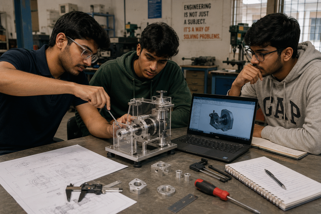 Engineering students and a manufacturing engineer collaborating on a functional prototype using CAD drawings, CNC-machined components, and precision tools in an engineering workshop.