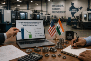 US sourcing team reviewing CNC machining components and offshore manufacturing strategy with an Indian precision engineering partner to reduce production costs.
