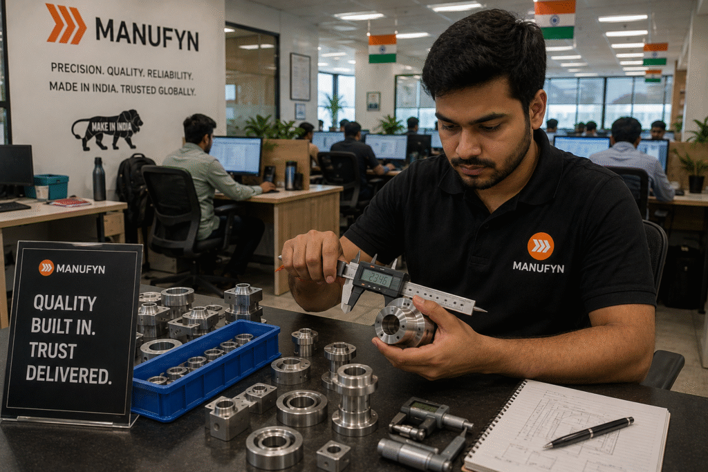 Quality engineer at Manufyn's Indian engineering office inspecting a precision CNC-machined component with a digital caliper, surrounded by finished metal parts and engineering workstations.