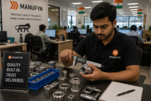 Quality engineer at Manufyn's Indian engineering office inspecting a precision CNC-machined component with a digital caliper, surrounded by finished metal parts and engineering workstations.
