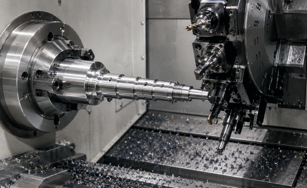 High-precision CNC turning center with live tooling machining a metal component to 5–7 micron tolerances.