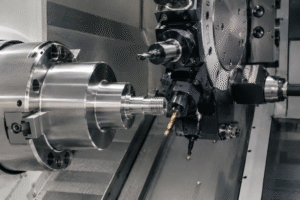 CNC lathe with live tooling performing precision turning and milling on a high-tolerance metal workpiece.