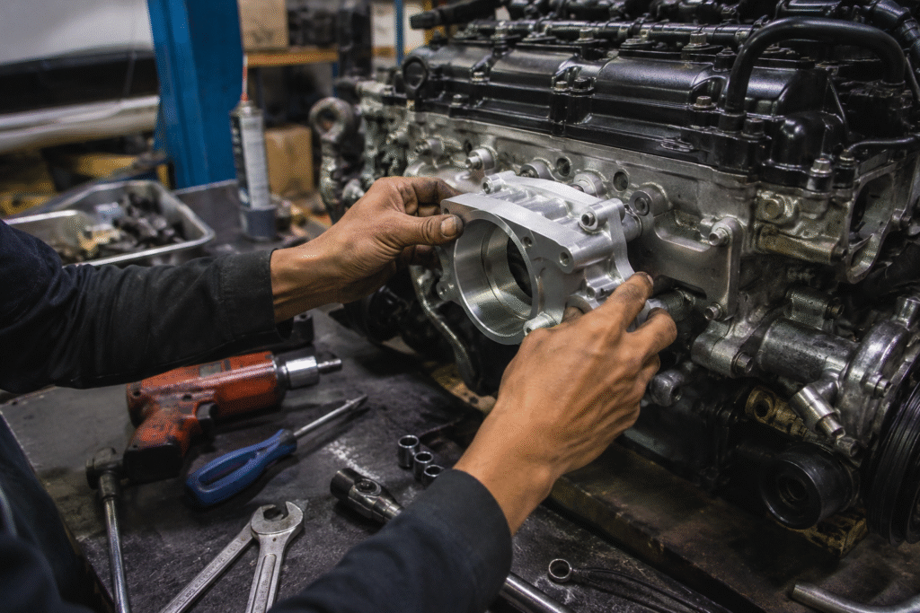 Mechanic test-fitting a precision CNC-machined Aluminum 6061 automotive component onto an engine assembly during prototype validation in a workshop.