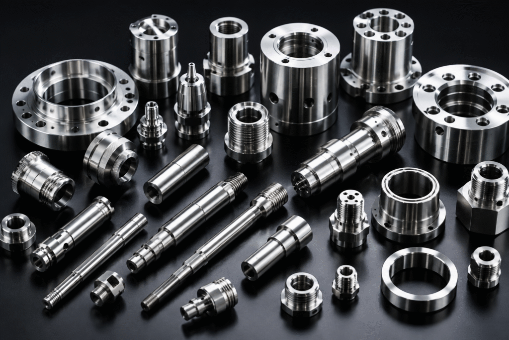 Precision CNC machined metal components on a black background