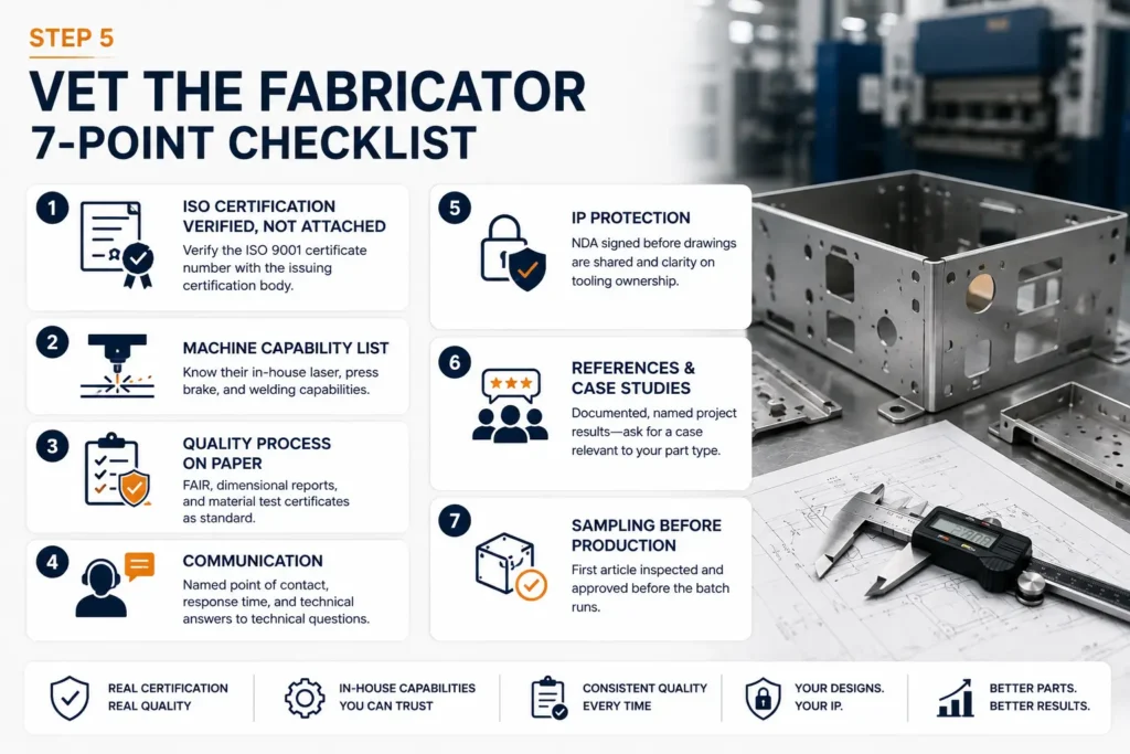 Professional infographic illustrating a seven-point checklist for evaluating a sheet metal fabrication supplier. The image features a precision sheet metal enclosure, engineering drawings, digital calipers, and quality assurance icons representing ISO 9001 certification, in-house manufacturing capability, documented quality control, technical communication, IP protection through NDAs, verified case studies, and first article sampling before production.