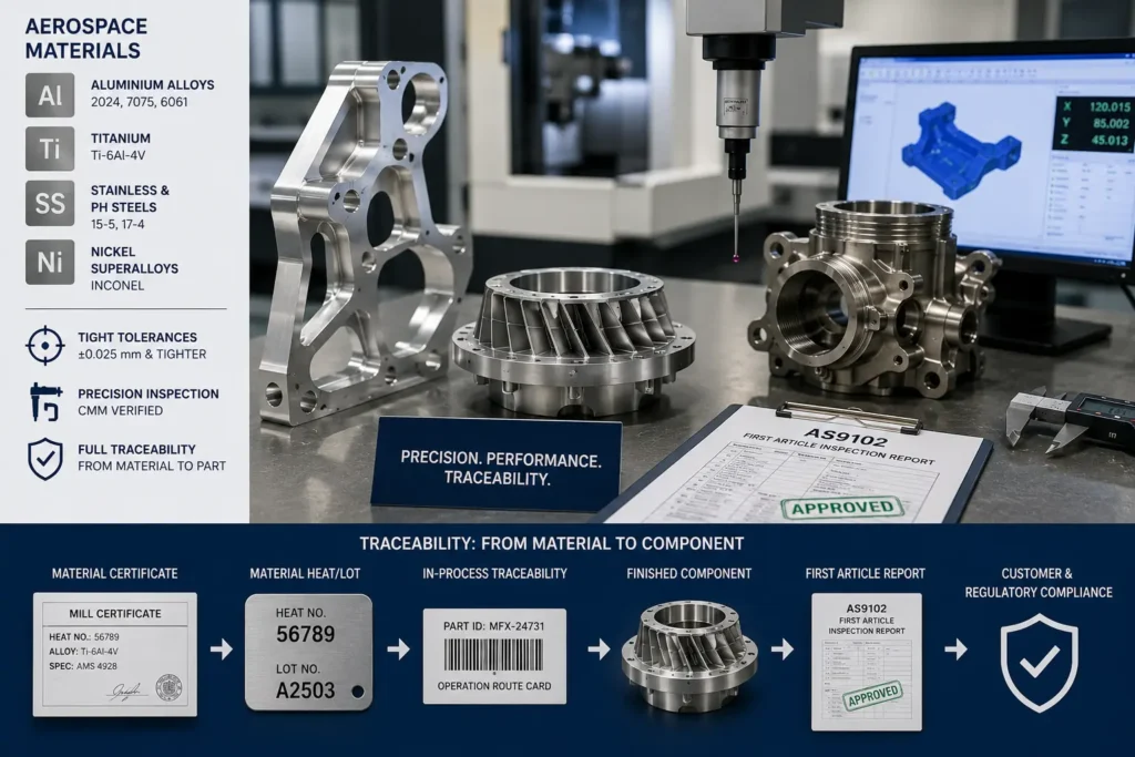 Precision aerospace CNC machined components undergoing CMM inspection with certified aerospace materials, AS9102 first article inspection documentation, dimensional measurement tools, and full material traceability for high-precision aerospace manufacturing.