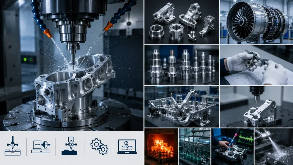 A collage showcasing aerospace precision machining in India, featuring 5-axis CNC machining, precision-turned aerospace components, structural brackets, engine-adjacent parts, dimensional inspection, prototype assemblies, and aerospace manufacturing processes including heat treatment, surface finishing, non-destructive testing, and precision quality control.