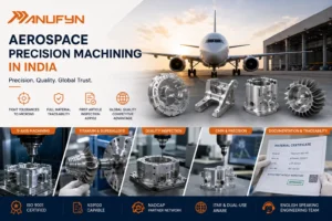 Professional aerospace manufacturing infographic showcasing precision CNC machining in India. The image features an aircraft, aerospace-grade machined aluminium and titanium components, 5-axis CNC machining, CMM inspection, quality documentation, and material traceability. Visual elements highlight tight-tolerance machining, first article inspection (AS9102), certified quality systems, aerospace component manufacturing, and precision engineering for global aerospace and aviation industries.