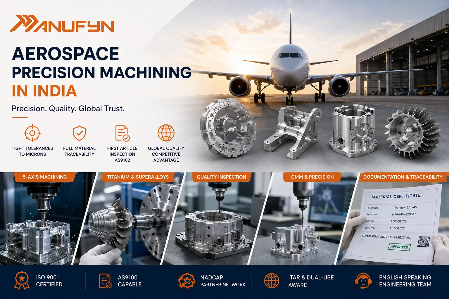 Professional aerospace manufacturing infographic showcasing precision CNC machining in India. The image features an aircraft, aerospace-grade machined aluminium and titanium components, 5-axis CNC machining, CMM inspection, quality documentation, and material traceability. Visual elements highlight tight-tolerance machining, first article inspection (AS9102), certified quality systems, aerospace component manufacturing, and precision engineering for global aerospace and aviation industries.