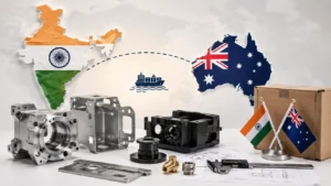 Professional manufacturing illustration showing industrial machined components, sheet metal parts, engineering drawings, shipping boxes, and India–Australia trade connection representing Australian manufacturers sourcing high-quality ISO 9001 manufactured products from India.