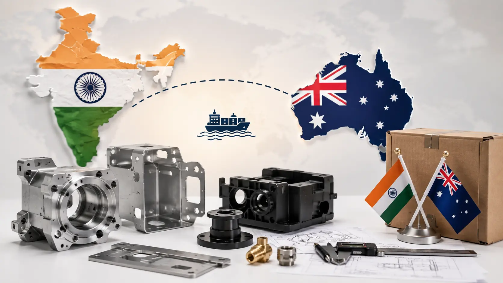Professional manufacturing illustration showing industrial machined components, sheet metal parts, engineering drawings, shipping boxes, and India–Australia trade connection representing Australian manufacturers sourcing high-quality ISO 9001 manufactured products from India.
