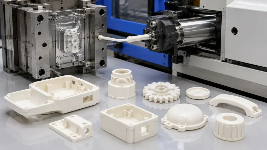 A conventional single-shot injection molding machine producing plastic components from a precision steel mold, with finished housings, brackets, gears, caps, and enclosures displayed on a clean industrial workbench.