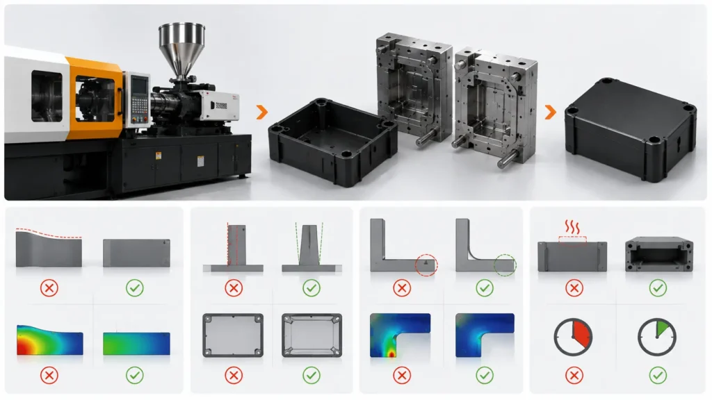 Minimalist engineering infographic illustrating Design for Manufacturability (DFM) principles for injection molding. The image features an injection molding machine, mold tooling, molded plastic enclosure, and visual comparisons of good and poor design practices, including uniform wall thickness, proper draft angles, rounded corners, and optimized section thickness. Simple red and green indicators highlight design choices that improve moldability, reduce defects, shorten cycle times, and lower tooling costs.