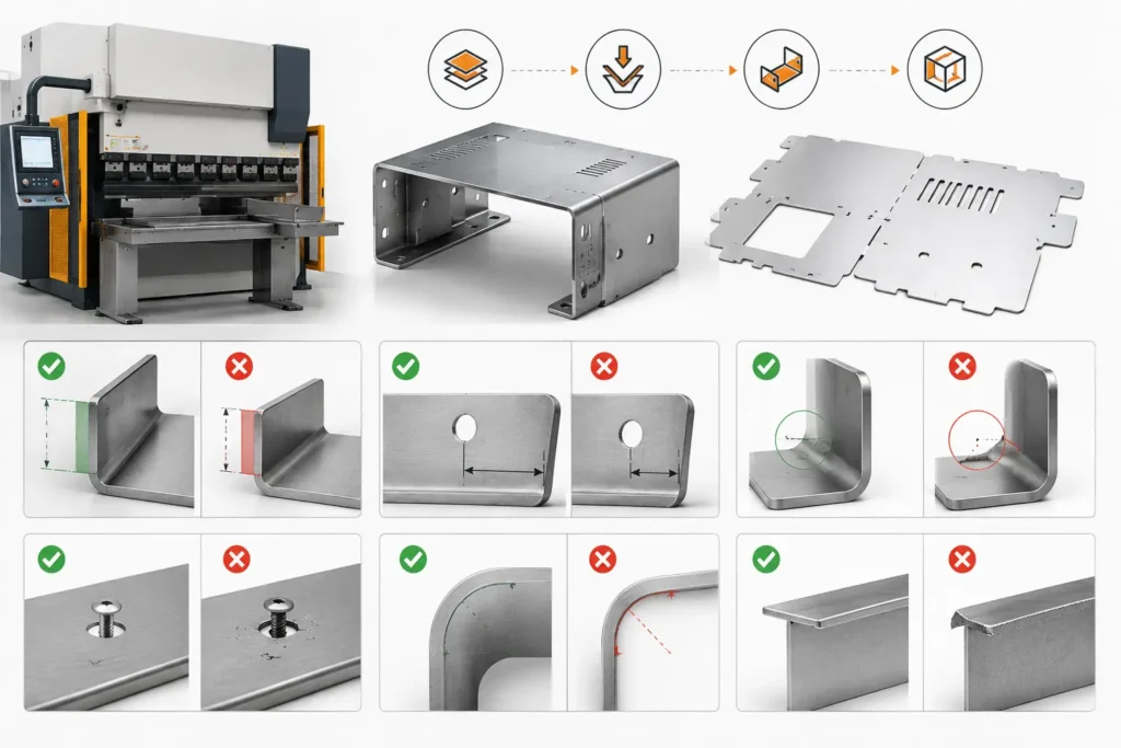 Professional industrial engineering infographic illustrating Design for Manufacturability (DFM) for sheet metal fabrication. The image features a press brake, flat sheet metal blanks, formed sheet metal components, and visual comparisons of good and poor design practices, including proper flange length, hole-to-bend clearance, consistent bend radius, and hardware installation planning. Green and red indicators highlight design choices that improve manufacturability, reduce fabrication rework, lower production costs, and ensure high-quality sheet metal parts.
