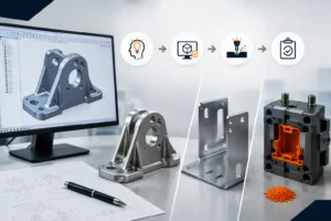 Minimalist engineering infographic illustrating the Design for Manufacturability (DFM) workflow, featuring a CAD model, precision-machined metal component, sheet metal bracket, injection mold with plastic cavity, engineering drawings, and simple process icons representing design, manufacturability review, production, and quality inspection. The visual emphasizes designing parts for efficient, reliable, and cost-effective manufacturing across machining, sheet metal fabrication, and injection molding.