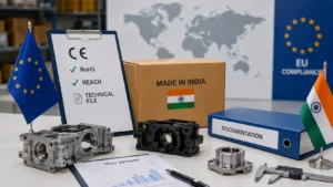 Professional compliance workspace showing CE marking, RoHS and REACH documentation, EU and India trade representation, engineering components, quality reports, and manufacturing compliance documents for European companies sourcing products from India.