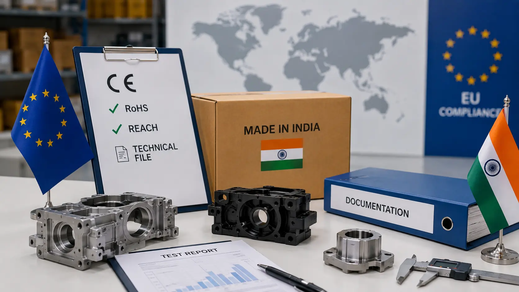 Professional compliance workspace showing CE marking, RoHS and REACH documentation, EU and India trade representation, engineering components, quality reports, and manufacturing compliance documents for European companies sourcing products from India.