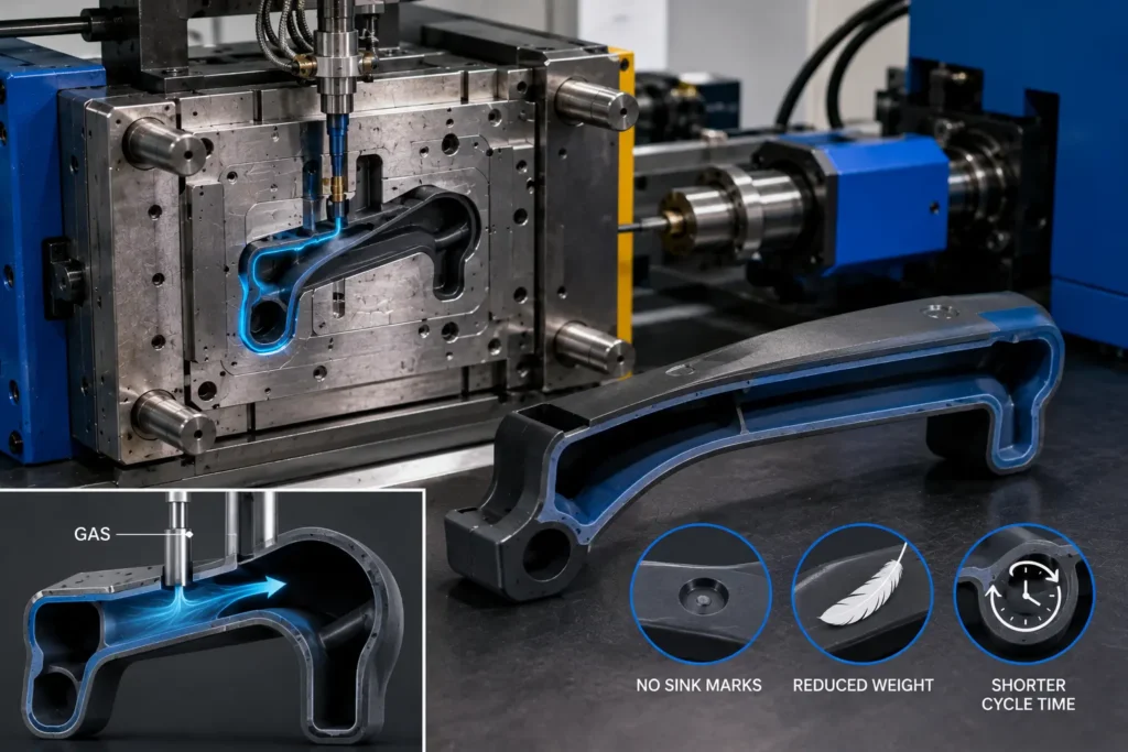 A gas-assisted injection molding machine producing a hollow structural plastic component, with a cutaway view showing internal gas channels inside the molded part, illustrating how nitrogen gas reduces weight, eliminates sink marks, and improves rigidity in thick-wall plastic components.