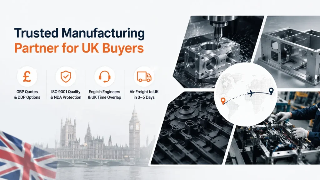 Professional banner showing Manufyn serving UK buyers with precision CNC machined parts, sheet metal components, injection molded parts, GBP quotes, ISO 9001 certified manufacturing, UK delivery in 3–5 days, and India-to-UK export logistics.