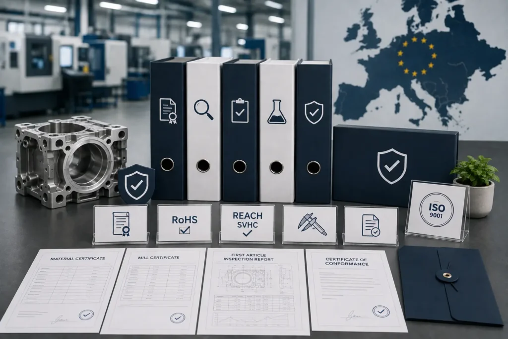 Professional manufacturing compliance infographic showcasing Manufyn's support for European sourcing requirements. The image features precision-machined components, organized compliance documentation, material and mill certificates, RoHS and REACH/SVHC declarations, first article inspection reports, certificates of conformance, ISO 9001 quality systems, and full material traceability. A European map in the background emphasizes documentation that helps importers meet EU conformity requirements while maintaining complete manufacturing records.