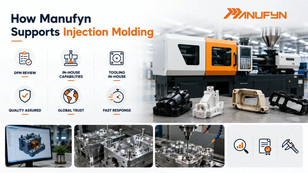 Infographic highlighting Manufyn's end-to-end in-house injection molding capabilities, featuring the original Manufyn logo, an industrial injection molding machine, molded plastic components, precision mold tooling, CAD mold design, CNC machining, and quality inspection. The graphic emphasizes free DFM review, in-house tooling, conventional, insert, and overmolding, quality assurance, fast 24-hour quotations, and manufacturing support for global customers.