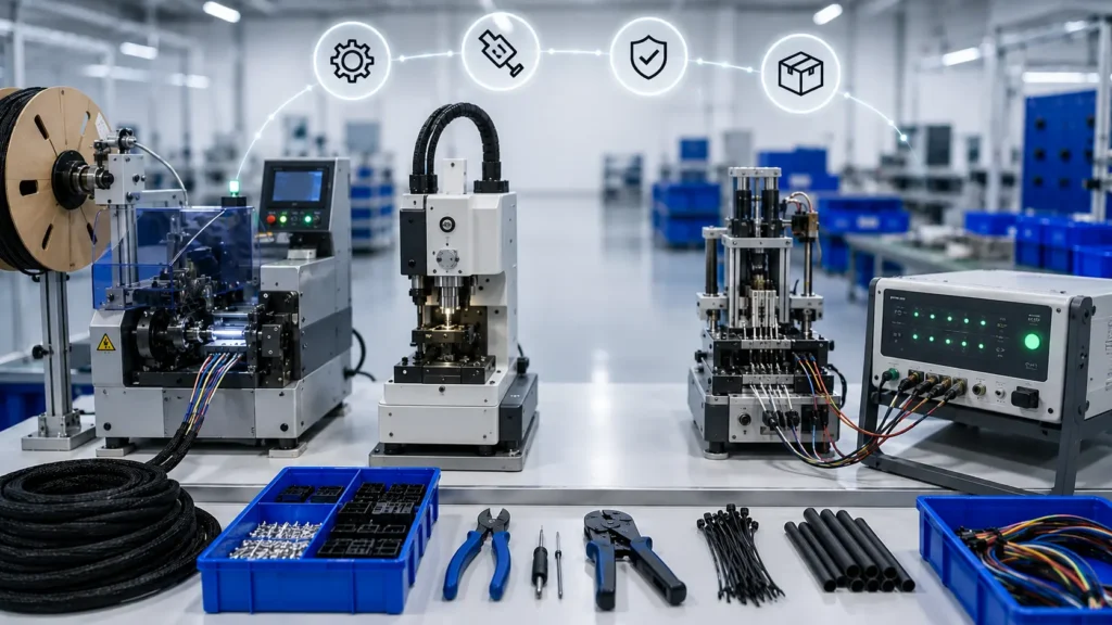 Modern wire harness manufacturing workstations featuring automated wire cutting, crimping, connector insertion, and continuity testing equipment, with wire processing tools, terminals, cable sleeves, and precision assembly components arranged in a clean industrial production environment.