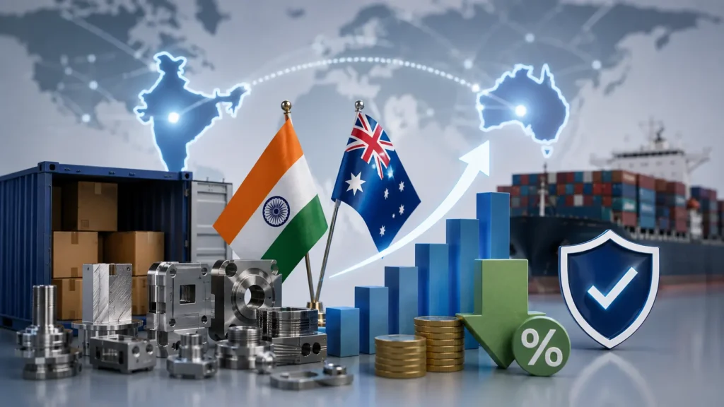 Industrial manufacturing components displayed alongside India and Australia flags with global shipping, logistics, and trade symbols, illustrating the AI-ECTA trade agreement, reduced import duties, and cost advantages for Australian companies sourcing precision-engineered parts from India.