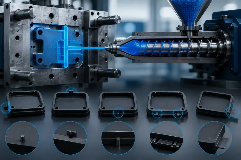 A precision injection molding machine with a cutaway mold showing molten plastic flowing through the runner and gate into the mold cavity, alongside molded plastic parts highlighting different gate locations and gating methods used to control flow, weld lines, and part quality.