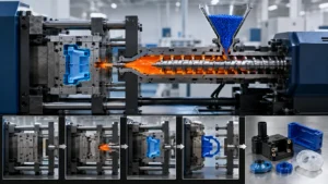 A cutaway view of an injection molding machine illustrating the complete injection molding method, with plastic pellets melting inside the screw barrel, molten plastic filling a precision mold cavity, and finished plastic components displayed to represent the molding cycle from injection to ejection.