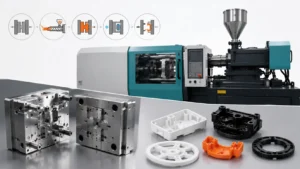Industrial injection molding machine with precision mold tooling and molded plastic components illustrating the injection molding process, manufacturing cycle, tooling, and high-volume plastic part production in an ISO 9001 manufacturing facility.