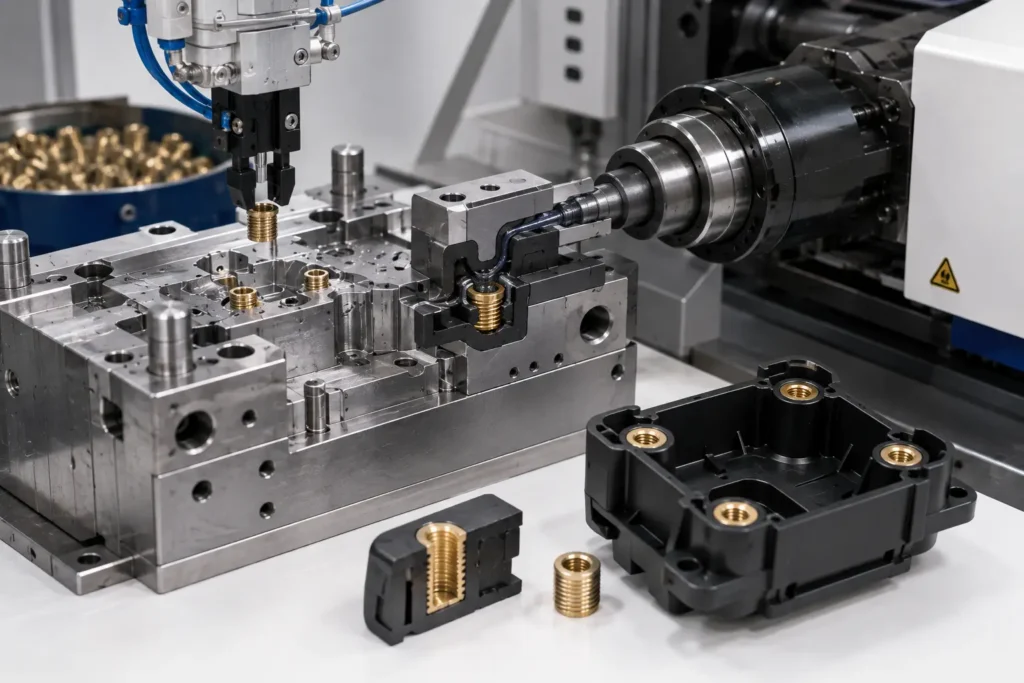 A precision insert molding setup showing brass threaded inserts positioned inside a steel injection mold alongside finished plastic housings with permanently molded-in metal inserts, demonstrating the insert molding process for durable threaded and structural components.