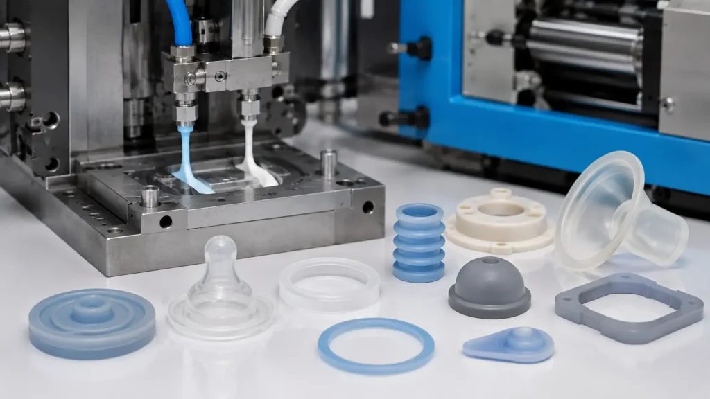 Liquid silicone rubber (LSR) being injected into a precision metal mold while finished silicone seals, gaskets, bellows, and medical-grade molded components are displayed on a clean industrial workbench, illustrating the LSR injection molding process.