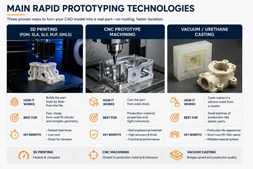 Professional infographic comparing the three primary rapid prototyping technologies: 3D printing, CNC prototype machining, and vacuum casting. The image features an FDM 3D printer producing a prototype, a CNC milling machine machining a precision metal component, and a silicone mold with cast plastic parts. It illustrates how each process differs in speed, cost, material properties, production accuracy, and ideal applications for product development and low-volume manufacturing.