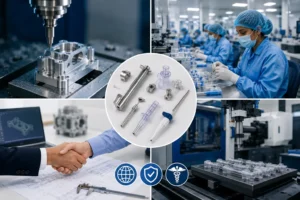 Professional infographic illustrating medical device manufacturing in India. The image features precision CNC machining, cleanroom medical device assembly, injection molding, quality inspection, engineering collaboration, and finished medical components. It highlights ISO 9001-certified manufacturing, full traceability, regulatory documentation support, and end-to-end production for global MedTech companies developing high-precision medical devices.