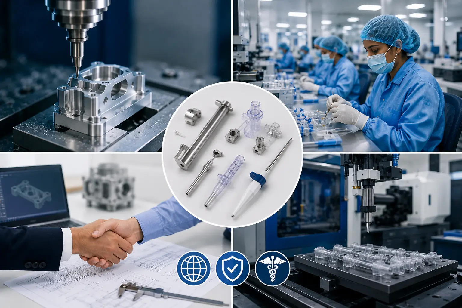 Professional infographic illustrating medical device manufacturing in India. The image features precision CNC machining, cleanroom medical device assembly, injection molding, quality inspection, engineering collaboration, and finished medical components. It highlights ISO 9001-certified manufacturing, full traceability, regulatory documentation support, and end-to-end production for global MedTech companies developing high-precision medical devices.