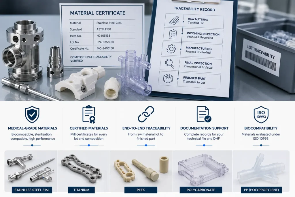 Professional infographic illustrating material selection and full traceability in medical device manufacturing. The image features precision-machined stainless steel and titanium components, medical-grade polymer parts, material certificates, traceability records, lot identification, quality documentation, and certified medical materials including 316L stainless steel, titanium, PEEK, polycarbonate, and polypropylene (PP). It highlights end-to-end material traceability, biocompatibility, and documentation required for regulated medical device manufacturing.