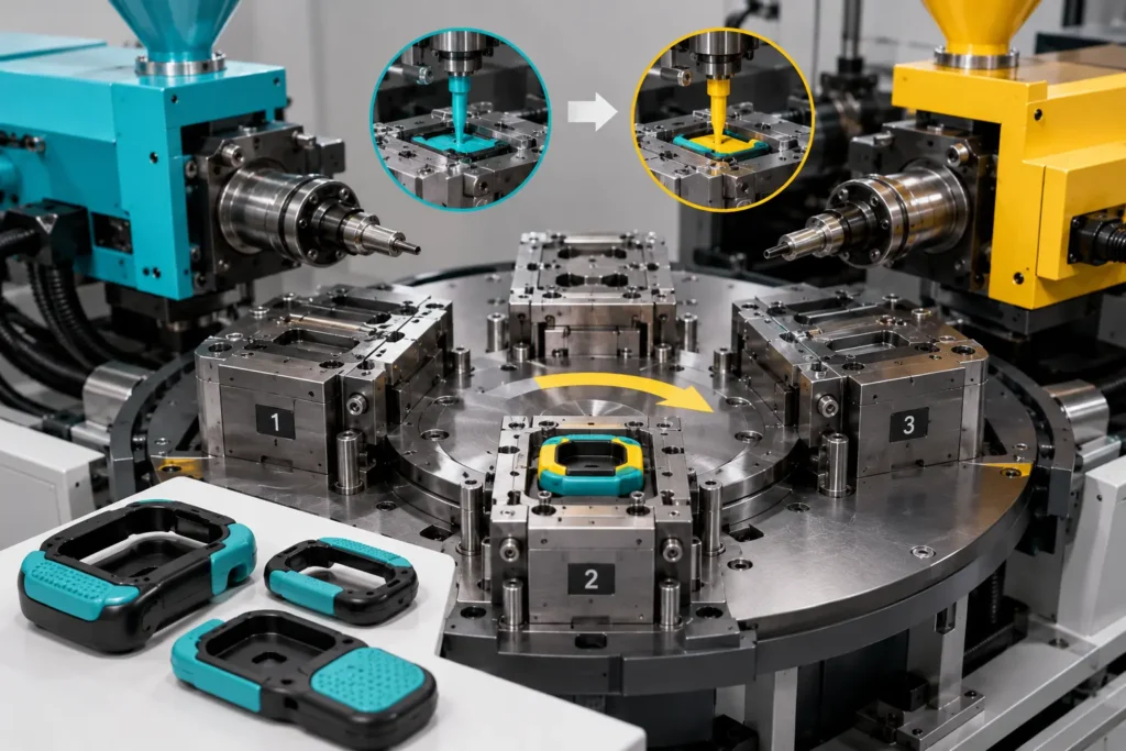 A two-shot (2K) injection molding machine featuring dual injection units and a rotary indexing mold producing multi-material plastic components in a single molding cycle, with finished two-colour parts displayed in the foreground.