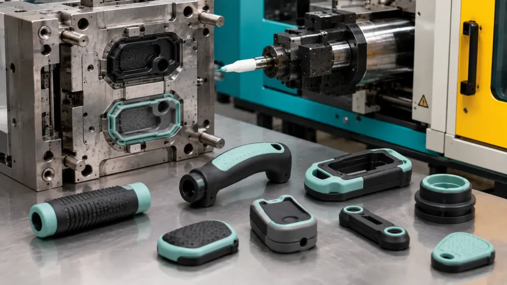 A precision overmolding injection molding setup showing a steel mold and finished multi-material plastic parts with soft-touch TPE over rigid plastic, including handles, housings, grips, and sealing components on an industrial workbench.