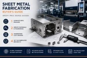 Professional industrial infographic illustrating the sheet metal fabrication buying process. The image features precision sheet metal enclosures, laser-cut and bent components, engineering drawings, digital calipers, and a modern fabrication facility. Visual elements represent complete RFQs, material and tolerance specification, cost optimization, and supplier evaluation, highlighting the key factors for sourcing high-quality sheet metal parts efficiently.
