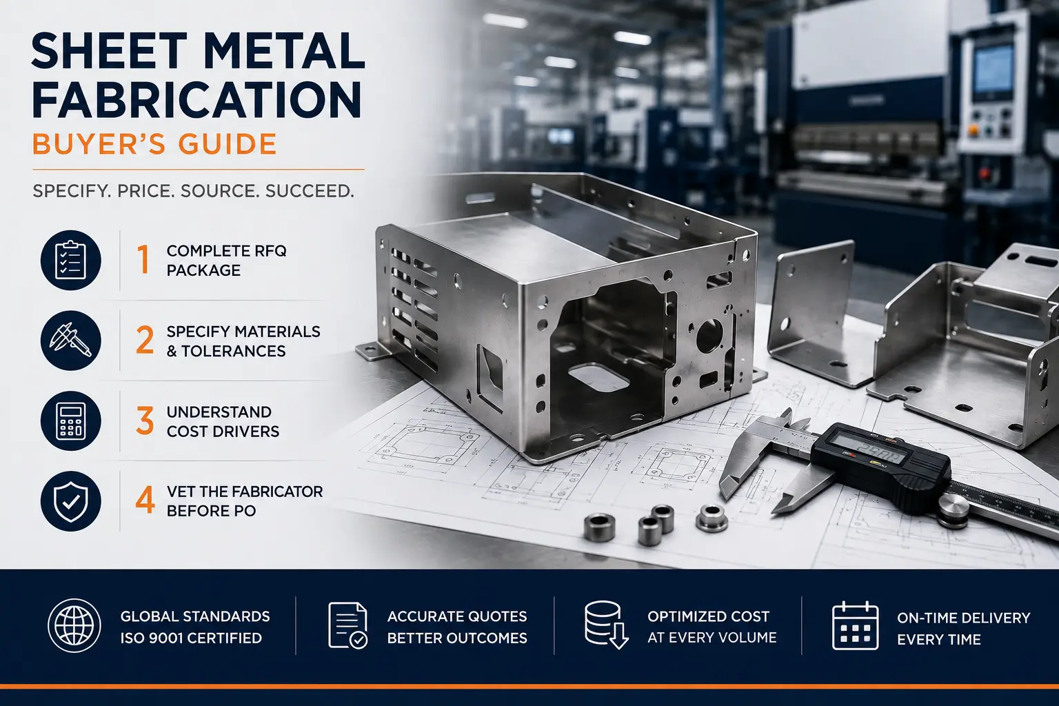Professional industrial infographic illustrating the sheet metal fabrication buying process. The image features precision sheet metal enclosures, laser-cut and bent components, engineering drawings, digital calipers, and a modern fabrication facility. Visual elements represent complete RFQs, material and tolerance specification, cost optimization, and supplier evaluation, highlighting the key factors for sourcing high-quality sheet metal parts efficiently.