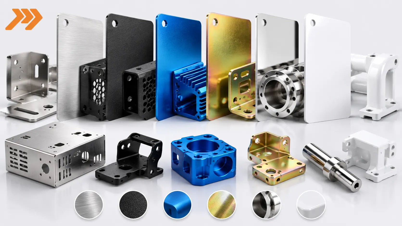 Professional industrial infographic showcasing surface finishing options for metal parts, including powder coating, anodizing, electroplating, passivation, painting, brushed finishes, and bead blasting. The image features precision sheet metal and CNC-machined components with different surface finishes, illustrating corrosion resistance, wear protection, appearance, and metal finishing processes for manufactured parts.