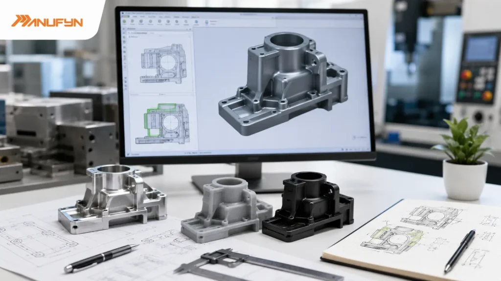 Professional industrial engineering illustration showing the Design for Manufacturability (DFM) process with a CAD model, engineering drawings, machined and prototype parts, precision measuring tools, and CNC manufacturing equipment. The image represents how DFM optimizes part design for lower manufacturing cost, faster production, improved quality, and efficient prototype-to-production manufacturing.