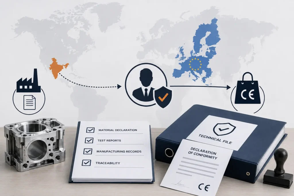Professional compliance infographic illustrating EU importer responsibility when sourcing manufactured products from India. The image features a workflow connecting an Indian manufacturer, compliance documentation, technical file, Declaration of Conformity, CE marking, and the EU importer. Visual elements emphasize material declarations, test reports, manufacturing records, and regulatory documentation required to demonstrate product conformity for the European market.