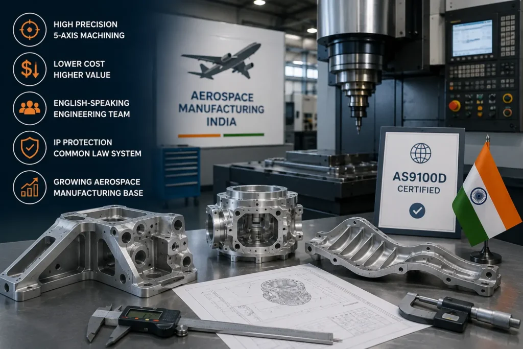 Advanced aerospace CNC machining facility producing precision aircraft components with 5-axis machining, engineering drawings, quality inspection tools, and high-accuracy aerospace parts manufactured in India for global aerospace companies.