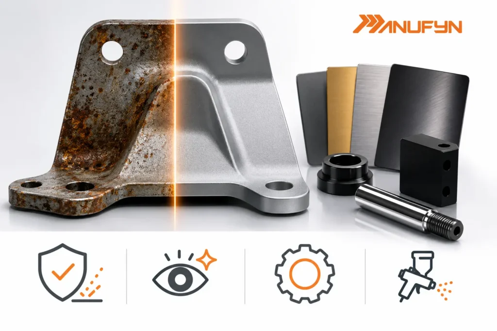 Minimalist industrial infographic showing a metal bracket split into two halves: one side rusted and corroded, the other with a clean protective surface finish. The image also features coated metal samples, precision-machined components, and simple icons representing corrosion protection, improved appearance, enhanced performance, and coating application, illustrating the importance of surface finishing in manufacturing.