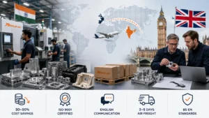 Professional infographic illustrating UK companies sourcing precision manufacturing from India. The image shows an ISO 9001-certified Indian manufacturing facility producing CNC-machined and injection-molded components, a logistics route connecting India and the UK by air, Manufyn-branded shipments, and UK engineers reviewing precision parts. Visual highlights include lower manufacturing costs, English-language engineering communication, fast air freight, and compliance with international quality standards.