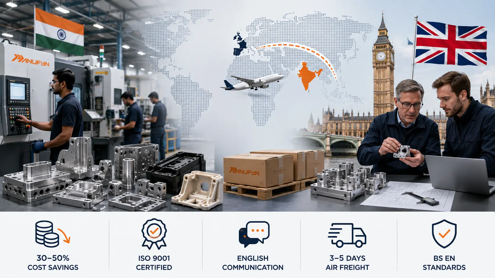 Professional infographic illustrating UK companies sourcing precision manufacturing from India. The image shows an ISO 9001-certified Indian manufacturing facility producing CNC-machined and injection-molded components, a logistics route connecting India and the UK by air, Manufyn-branded shipments, and UK engineers reviewing precision parts. Visual highlights include lower manufacturing costs, English-language engineering communication, fast air freight, and compliance with international quality standards.